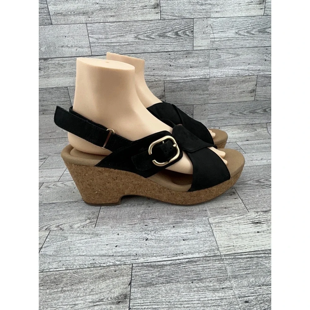 Clarks Collection Black Nubuck‎ Wedge Sandals Ultimate Comfort Women Size 10M